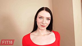 fit18 celestina blooms in casting, her blue eyes shining like snow white beauty in fire red bodysuit