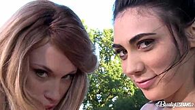 Busty babes Lily and Luna in skimpy bikinis suck tits