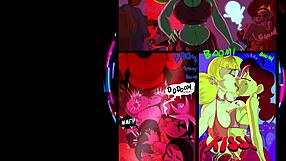 Cartoon characters attend a lively party