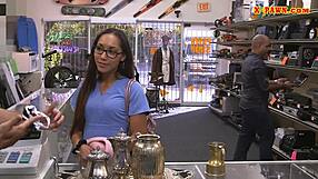 amateur babe in glasses gets a monster cock blowjob at the pawnshop
