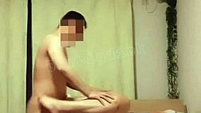 Horny gay asian muscle stud licks and fucks boyfriend in lingerie, cumshot finish