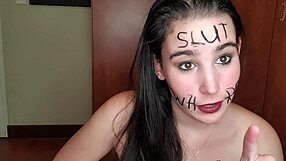 self degrading slut eats piss covered fruits body writing