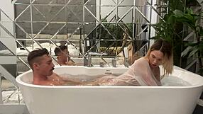 asian blonde slut swallows cock and assfucks in toilet