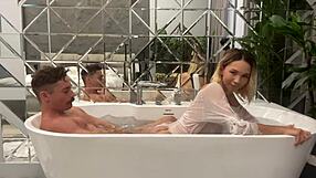 asian blonde slut swallows cock and assfucks in toilet