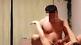 Horny gay asian muscle stud licks and fucks boyfriend in lingerie, cumshot finish