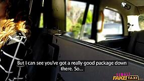 In the UK taxi, the fake female driver stretches her pussy with a big cock