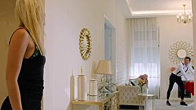 Blonde nymph seduces tailor for pleasure