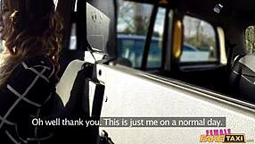In the UK taxi, the fake female driver stretches her pussy with a big cock