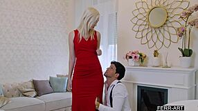 Blonde nymph seduces tailor for pleasure