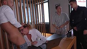 Horny Secretary Fucks And Squirts In Gangbang Orgy