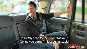 In the UK taxi, the fake female driver stretches her pussy with a big cock