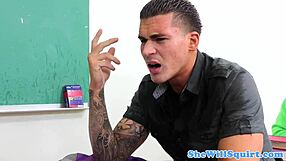 teacher and student interact with toys in classroom.