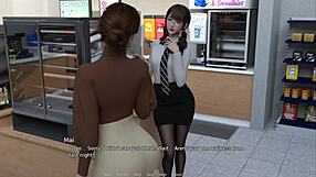 Beautiful woman with a perfect figure gives a hand job in a shop