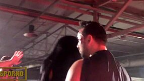 Redhead and blonde porn stars have sex on the stage outdoors