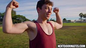 Athletic guys engage in intimate activities post-workout.