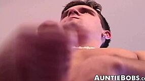 Amateur gay guy gets intense blowjob from tattooed old freak. He jerks off his monster cock