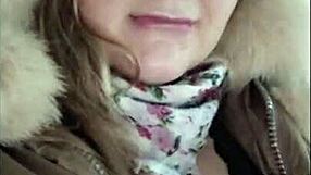 chubby girl rips pantyhose for wet pussy play and dildo sucking in taxi