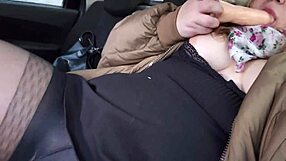 chubby girl rips pantyhose for wet pussy play and dildo sucking in taxi