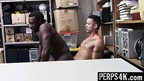 Gay loss prevention officer punishes twink thief with intense bareback fucking his monster cock in the office.