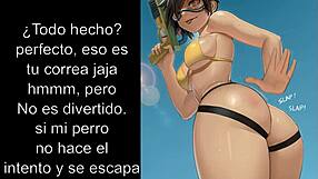 intriguing tracer overwatch femdom session with dildo anal and jerk off instructions in hentai style