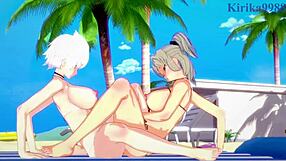 Imu in Miyabi v intenzivni lezbiški igri postane futanari krema v Senran Kagura hentai