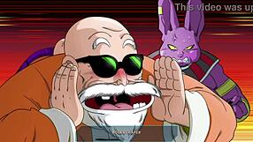 vados teases master roshi with her huge boobs?