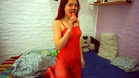 sexy girl enjoys boys masturbating her with favorite carrot