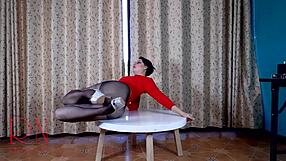 nice lady in pantyhose and heels striptease at the round table