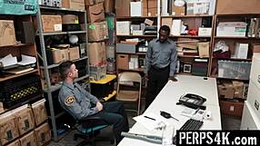 Gay loss prevention officer punishes twink thief with intense bareback fucking his monster cock in the office.