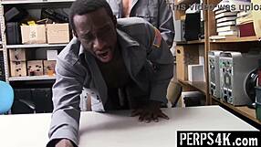 Gay loss prevention officer punishes twink thief with intense bareback fucking his monster cock in the office.