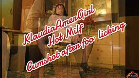 Licking Klaudia's pussy leads to cum on stockings.