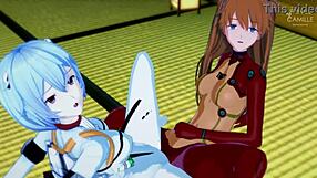 Asuka and Rei synchronize their tight pussies in Evangelion