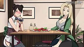 Tsunade and Tenten stroke huge cocks in public restaurant. Naruto hentai action unfolds wild!