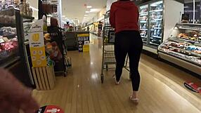 Beautiful housewife’s exhibition of self in transparent leggings at the supermarket