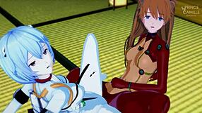 Asuka and Rei synchronize their tight pussies in Evangelion