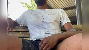 College guy jerks off on campus in public