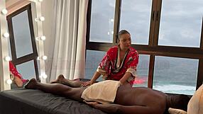 asian masseuse relaxes well-endowed black man in public