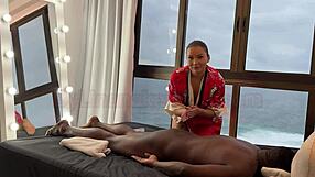 asian masseuse relaxes well-endowed black man in public
