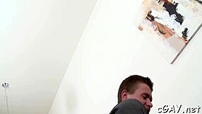 The sophisticated hunk enjoys a sloppy blowjob from the gay stud in bareback scene.