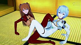 Asuka and Rei synchronize their tight pussies in Evangelion