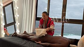 Feeling wild with Asian masseuse and black stud in public massage!