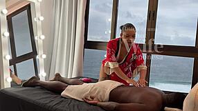 Feeling wild with Asian masseuse and black stud in public massage!