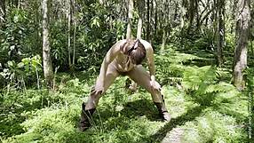 forest goblin plays with hairy beaver in wild nature setting