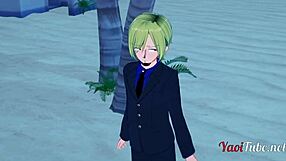 One Piece yaoi - Zoro and Sanji get steamy with handjob and blowjob on beach