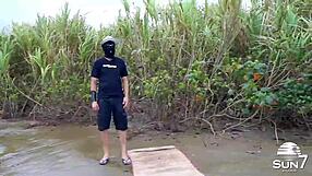 I see the curvy teen licking big cocks in group