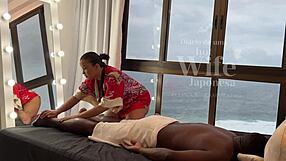 Feeling wild with Asian masseuse and black stud in public massage!