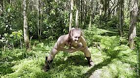 forest goblin plays with hairy beaver in wild nature setting