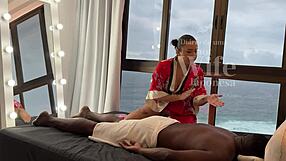 Feeling wild with Asian masseuse and black stud in public massage!