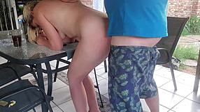 Beautiful blonde MILF enjoying outdoor sex with her neighbor's wife
