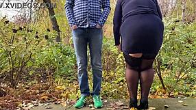 Curvy mother-in-law slips into stockings for outdoor fun